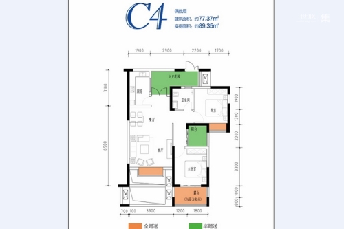 西财学府憬城42#标准层C4户型-42#标准层C4户型-2室2厅1卫1厨建筑面积77.00平米