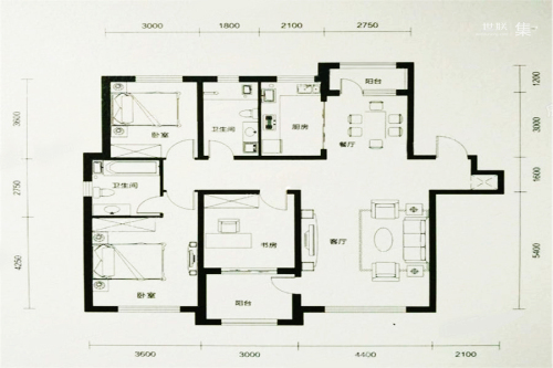 汇邦·克莱枫丹137㎡户型-3室2厅2卫1厨建筑面积137.00平米