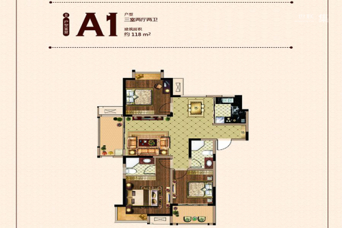 荣盛鹭岛荣府二期1#标准层A1户型-3室2厅2卫1厨建筑面积118.00平米