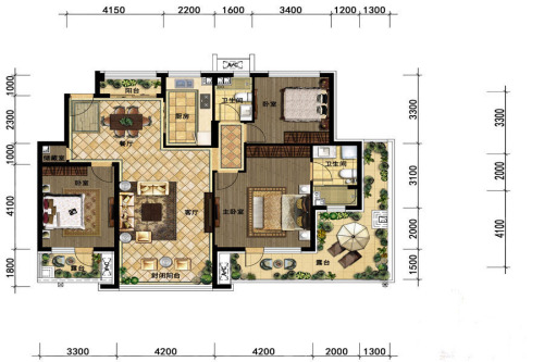 颐和城F户型3层-3室2厅2卫1厨建筑面积131.00平米