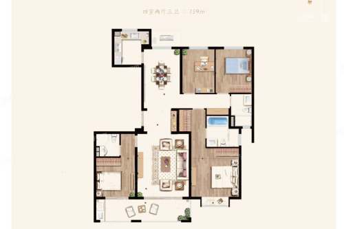 中海桃源里项目159平方米户型-4室2厅3卫1厨建筑面积159.00平米