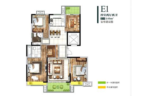保利林语溪E1户型-4室2厅2卫1厨建筑面积140.00平米