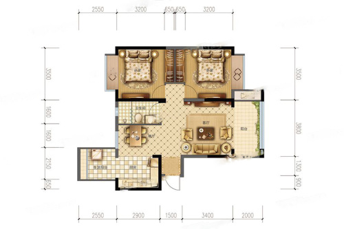 嘉和世纪城5栋1单元E-1、E-2户型标准层-2室2厅1卫1厨建筑面积87.87平米