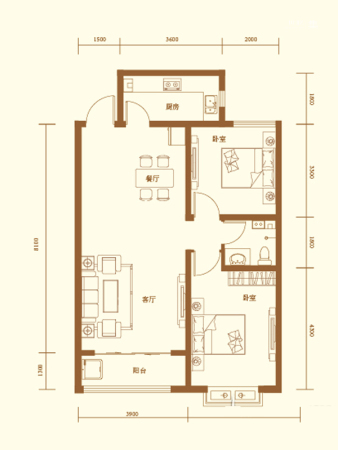 地润新城标准层B-6户型-2室2厅1卫1厨建筑面积93.77平米