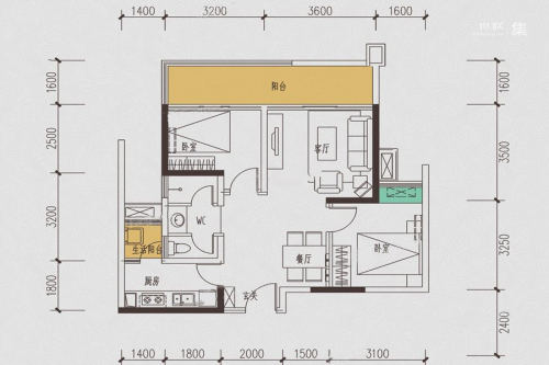 嘉源红郡5-6#标准层A2户型-2室2厅1卫1厨建筑面积79.90平米