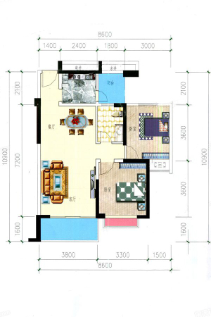 北部湾国际公馆6栋0304户型-2室2厅1卫1厨建筑面积85.89平米