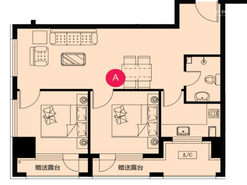 世代龙汇A户型-2室2厅1卫1厨建筑面积72.98平米