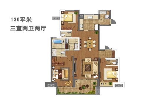 万科大明宫三期7号楼户型-3室2厅2卫1厨建筑面积130.00平米