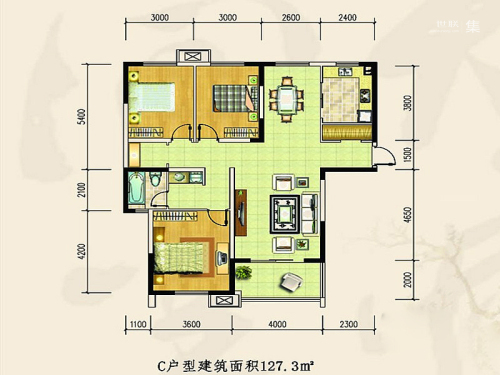 金盛田·锦上一期1、2、3#标准层C户型-3室2厅1卫1厨建筑面积127.30平米