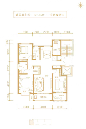 云杉溪谷洋房-A户型-3室2厅2卫1厨建筑面积127.45平米