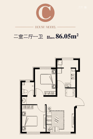 顺迈欣郡小高层标准层C户型-2室2厅1卫1厨建筑面积86.05平米