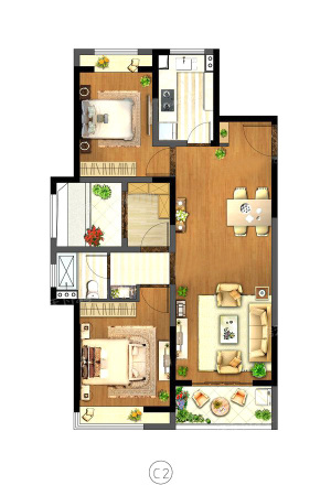 信达蓝尊C2户型-3室2厅1卫1厨建筑面积92.00平米