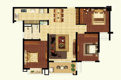 雅居乐滨江国际四期9B3-2户型-3室2厅1卫1厨建筑面积108.00平米