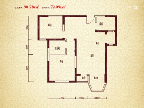 珠江新城二期D户型-3室2厅1卫1厨建筑面积90.78平米