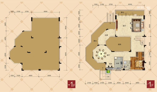 美林春天别墅D户型-1F、1F-4室3厅4卫1厨建筑面积288.00平米