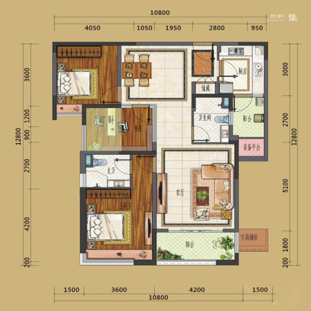 仁恒滨河湾二期1、2、5栋F3户型标准层-3室2厅2卫1厨建筑面积125.00平米