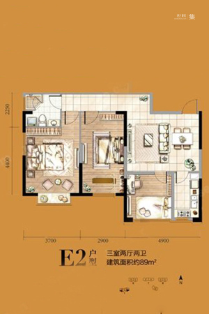 益华御才湾E2户型-3室2厅2卫1厨建筑面积89.00平米