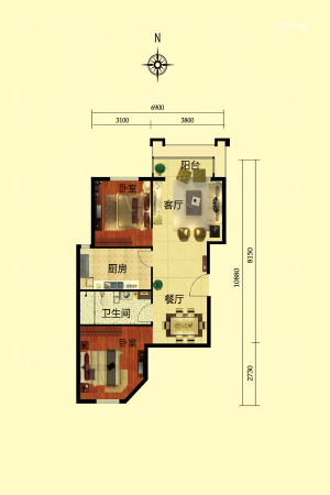 丽都壹号D1户型-2室2厅1卫1厨建筑面积86.79平米