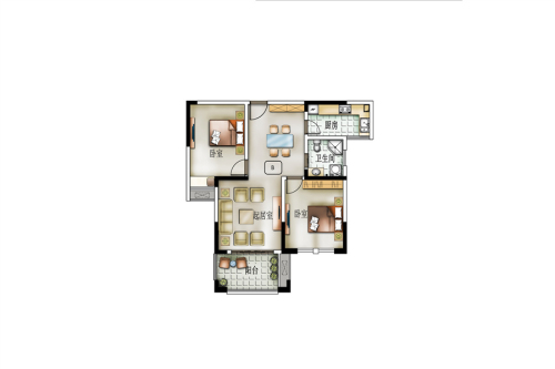 橡树城一期32、33#标准层I1户型-2室2厅1卫1厨建筑面积89.00平米