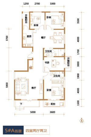 帝王国际5#首层标准层A户型-4室2厅2卫1厨建筑面积176.65平米