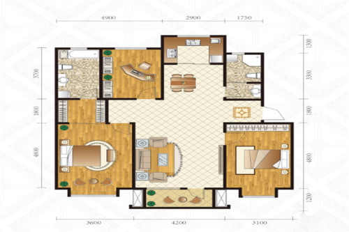 富海茗乔G户型6#标准层-3室2厅2卫1厨建筑面积124.41平米