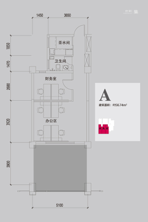 天山银河广场写字楼A户型-1室1厅1卫1厨建筑面积56.47平米
