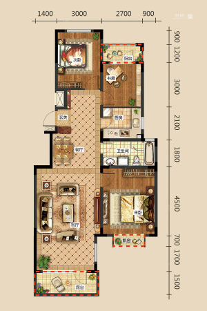 润景朗琴湾C2户型-3室2厅1卫1厨建筑面积110.09平米