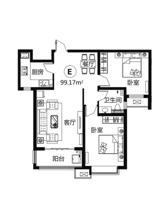 天玺名著14#标准层E户型-2室2厅1卫1厨建筑面积99.17平米