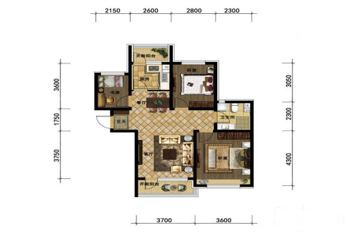 颐和城5#3-18层中间户型-2室2厅1卫1厨建筑面积100.00平米