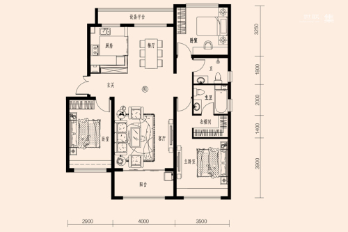 鸿昇广场燕园5#-7#标准层A1户型-3室2厅2卫1厨建筑面积133.46平米