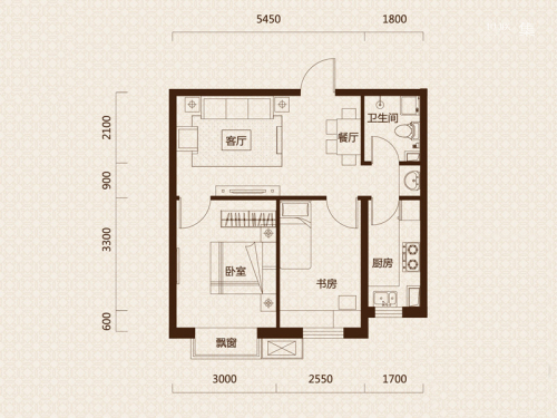 金沙城G3户型-2室2厅1卫1厨建筑面积60.00平米