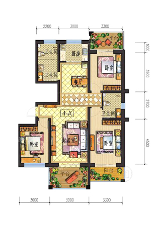 龙湾5A#13#标准层户型二-3室2厅2卫1厨建筑面积135.00平米