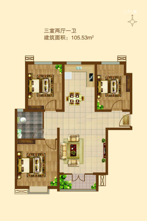 紫金蓝湾3#D户型-3室2厅1卫1厨建筑面积105.53平米