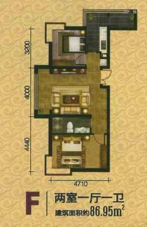 古田和睦城F户型-2室1厅1卫1厨建筑面积86.95平米