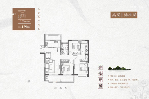 红星·紫御半山F户型-3室2厅1卫1厨建筑面积129.00平米