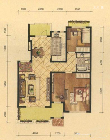 绿地大溪地亲水洋房D二层-2室2厅1卫1厨建筑面积109.60平米
