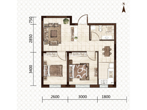 益和国际城方正居B-2户型-2室2厅1卫1厨建筑面积60.03平米