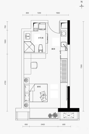 中粮隆玺祥云W-E户型-1室1厅1卫1厨建筑面积48.01平米