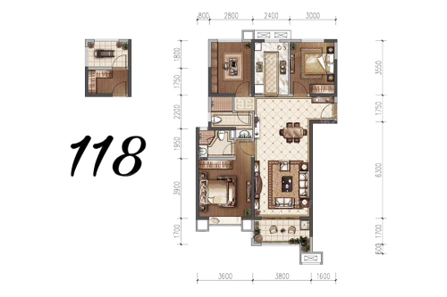 雅居乐·湖居笔记F区118平户型-3室2厅2卫1厨建筑面积118.00平米