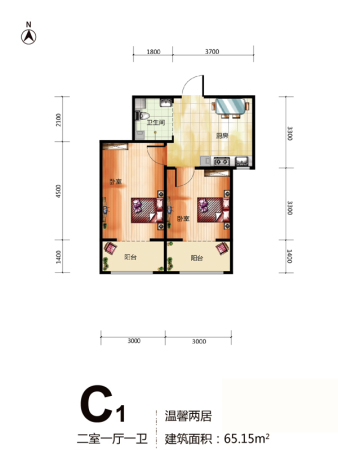 龙城御苑C1户型户型-2室1厅1卫1厨建筑面积65.15平米