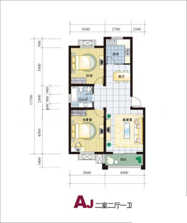 盘金华府一期26幢标准层AJ户型-2室2厅1卫1厨建筑面积89.62平米