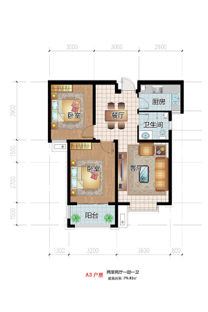 祥云·岸芷汀兰一期3号楼标准层A3户型-2室2厅1卫1厨建筑面积79.82平米