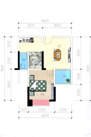 北部湾国际公馆5栋0203户型-1室1厅1卫1厨建筑面积48.54平米