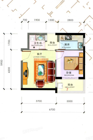 中环国际大厦C户型-1室1厅1卫1厨建筑面积51.25平米