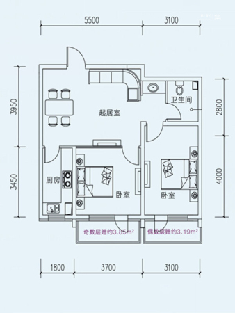 海伦堡A座B户型-2室2厅1卫1厨建筑面积81.00平米