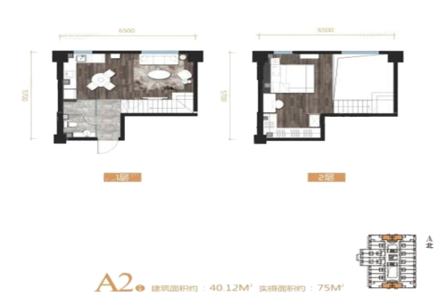 金辉悦府E客公寓40平户型-1室1厅1卫1厨建筑面积40.12平米