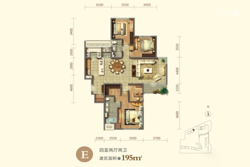 泰和龙庭E户型-4室2厅2卫1厨建筑面积195.00平米