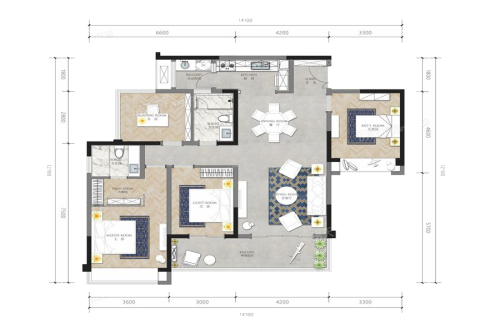 北大资源紫境东来项目珑境B户型标准层-4室2厅2卫1厨建筑面积138.00平米