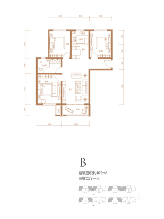 御澜湾一期1#-15#标准层B-02户型-3室2厅1卫1厨建筑面积105.00平米