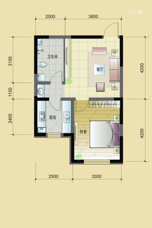 东逸美郡二期K户型-1室1厅1卫1厨建筑面积59.62平米